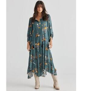 Talisman Sabrina Green Floral Balloon Sleeve Tiered Ruffle Dress Size XS Cottage